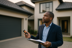 Professional property valuer conducting an on-site assessment of a residential property in Gauteng, taking notes and measurements.