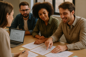 A team of web designers collaborating on a website layout for a small business.